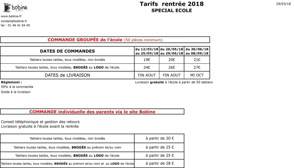 Tarifs 2018