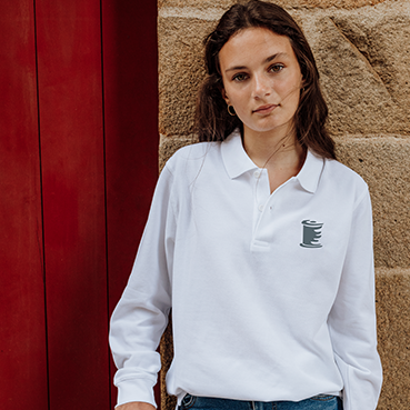 Polo mixte, manches longues, blanc, brodé au logo de votre école