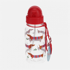 Gourde transparente avec des motifs de chiens (teckel), un bouchon et une anse rouge