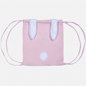 Sac à dos enfant motif lapin coloris rose, tissu bouclette doux et résistant, personnalisable  avec broderie prénom, bretelles ajustables, lanière. Idéal dès 2 ans pour la créche ou la maternelle