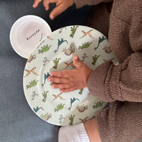 Assiette à dessert vert/gris avec motifs de dinosaures