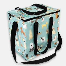 sac de pique-nique spacieux bleu avec anse et zip noirs aux motifs de chiens