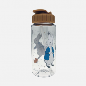 Gourde transparente avec pierre lapin et bouchon marron ainsi qu'une paille intégrée