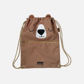 Sac à dos cordon enfant maternelle motif ours marron, tissu doux, cordon de serrage facile à manipuler, laniére de portage. Idéal dès 2 ans pour crèche, sport ou balades. 