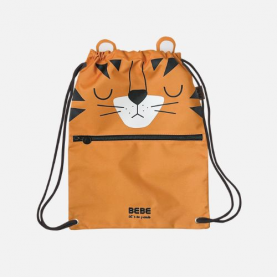 Sac à dos cordon enfant maternelle motif tigre, tissu doux, cordon de serrage facile à manipuler, laniére de portage, poche frontale zippée. Idéal dès 2 ans pour crèche, sport ou balades