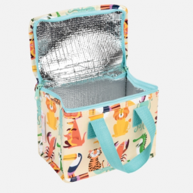Sac isotherme pour le goûter avec des anses bleues et décoré de pleins d'animaux (tigre, lion,  crocodile...)