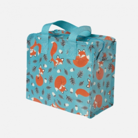 sac à lunch box bleu avec des motifs de renards oranges
