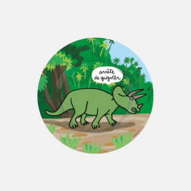 Assiette à dessert pour enfant avec un tricératops qui dit Arrête de gigoter