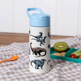 Gourde en inox blanche avec couvercle bleu aux motifs dinosaures