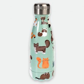 gourde en acier inoxydable couleur vert d'eau aux motifs de chats avec bouchon dévissable