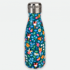 gourde en acier inoxydable bleue aux motifs fées et nature, bouchon dévissable