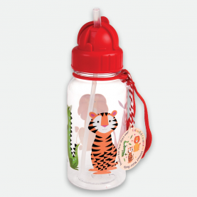 gourde transparente décorée d'animaux (tigre, crocodile et lion)avec bouchon et sangle rouge ainsi qu'une paille intégrée
