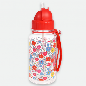 gourde transparente avec bouchon, anse rouge et paille intégrée au motif liberty  (fleurs multicolores)