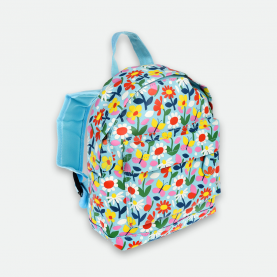 Sac à dos enfant maternelle imprimé fleurs multicolores, tissu résistant et souple , bretelles réglables, fermeture zippée et lanière de portage. Format adapté dès 2 ans pour la crèche ou la maternelle.