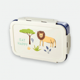 Lunch box enfant jungle avec motifs lion et arbre, végétation , couleurs douces.