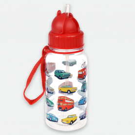 Gourde transparent avec comme motifs des transports (voitures, bus, camions), bouchon et sangle rouge 