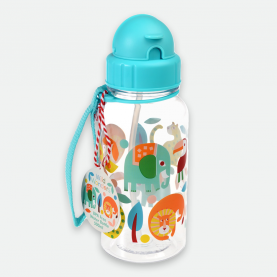 gourde transparente avec bouchon et sangle bleu au motif animal (éléphant, lion, oiseau...)