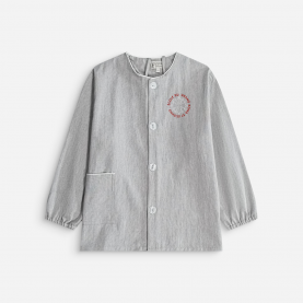 Tablier brodé au logo de l'école, coloris gris. Modèle Fred, col rond.