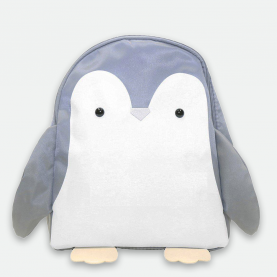 Sac à dos enfant maternelle motif pingouin gris, tissu doux et résistant, design animalier avec ailes et bec, fermeture zippée, bretelles réglables, lanière de portage, impermeable. Parfait dès 2 ans pour la crèche ou la maternelle.  