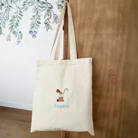 Tote bag brodé lapin canne à pêche personnalisable