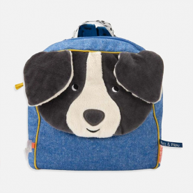 Sac à dos enfant maternelle bleu motif chien, tissu doux et résistant, bretelles réglables, lanière de portage, fermeture zippée, parfait dès 2 ans pour la crèche ou la maternelle.
