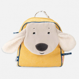 Sac à dos enfant maternelle jaune motif chien, tissu résistant et léger, design coloré, adapté dès 2 ans pour la crèche ou la maternelle, bretelles réglables.