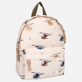 Sac à dos couleur sable pour enfant à imprimé hélicoptère de la marque Le Tablier Bobine.