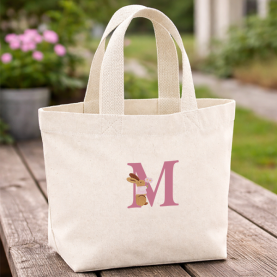 Mini Tote bag brodé lapin fleurs avec lettre personnalisable rose