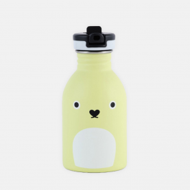 Gourde acier inoxydable jaune avec paille intégrée  avec un motif d'animal (yeux ronds noirs et blancs, museau noir en forme de coeur et ventre blanc arrondi)