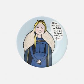 Assiette à dessert bleu ciel avec une princesse qui dit : je ne sors pas de table tant que le repas n'est pas fini 