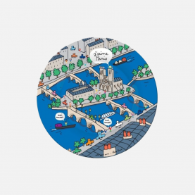 Assiette bleu avec notre dame dessus et des gens qui disent j'adore paris et moi aussi