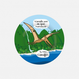 Assiette à dessert avec un dinosaure qui dit n'avale pas des gros morceaux tu vas t'étouffer