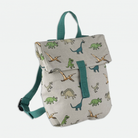 Sac à dos enfant motif dinosaures, tissu souple et résistant, bretelles réglables, lanière de portage, fermeture à rabat scratche, parfait dès 2 ans pour la crèche ou la maternelle.
