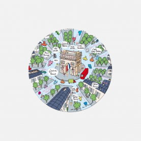 Assiette à dessert bleue ciel avec comme élément central l'arce de triomphe et des gens qui disent j'aime paris