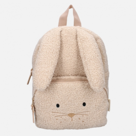 Sac à dos enfant maternelle Lapin bouclette beige doux et confortable, avec pochette  zippée frontale, boucle d'accroche, bretelles réglables.