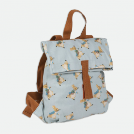 Sac à dos enfant maternelle style mini-coursier avec imprimé lapins colorés, léger, bretelles réglables, idéal maternelle ou crèche, fermeture à rabat scratche.