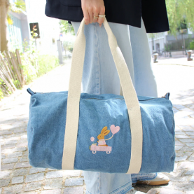 Sac de voyage bleu clair lapin cariole rose personnalisable