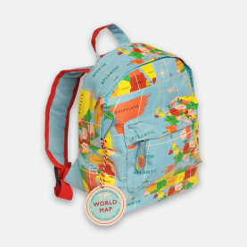 Sac à dos enfant motif Map Monde, imprimé éducatif et coloré, tissu léger et résistant, bretelles réglables, lanière de portage, fermeture zippée, parfait dès 2 ans pour la crèche ou la maternelle