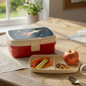 Lunch box enfant avec plateau compartimenté, décorée de motifs sur le thème de l’espace : fusée, étoiles, planètes. Parfaite pour l’école, sans BPA, facile à ouvrir, idéale pour séparer les aliments