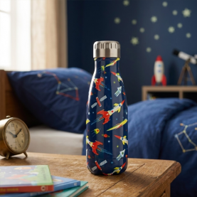 bouteille réutilisable bleue foncée en acier inoxydable avec des motifs de fusées