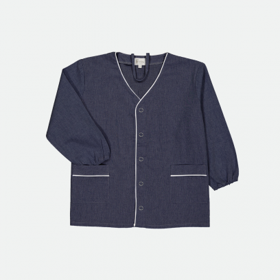 Tablier école primaire - Col V, Bleu Jean, boutons pressions